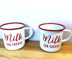 Creative Co-Op Milk or Cocoa Mugs Set of 2 Red White Farmhouse